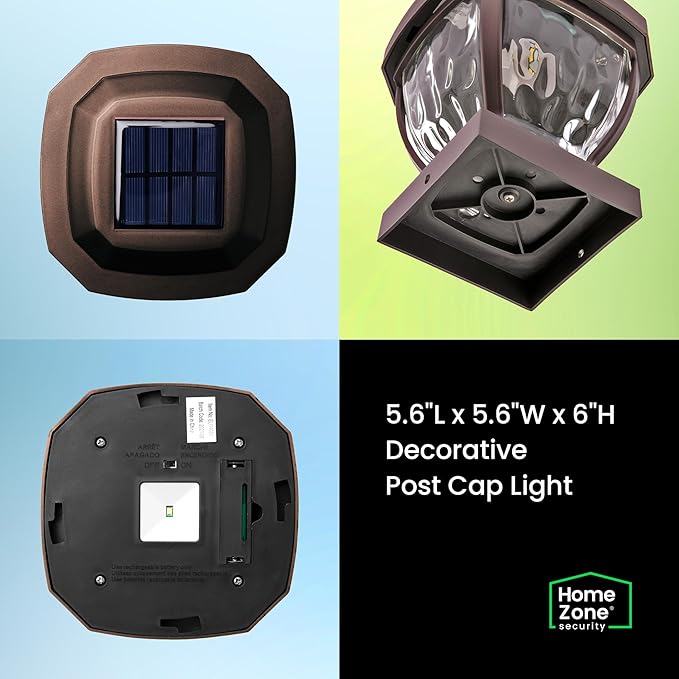Home Zone Security Solar Post Cap Lights - Decorative Glass LED Outdoor 4x4 (3.5 x 3.5 in.) Post Lights, Bronze (2-Pack)