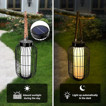 Large Outdoor Solar Lanterns Hanging Light Waterproof LED Garden Lights solar powered Retro Metal Auto On Off Table Lamp for Garden Patio Porch Lawn Pathway Walkway Tabletop Decorative(Black)