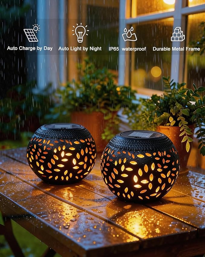 Solar Table Lights Outdoor Waterproof - 2 Pack Dancing Flickering Flame Lamp Black Metal Tabletop Light Solar Powered Decorative Lighting Lantern for Desk Bedroom Patio Garden Pathway Yard