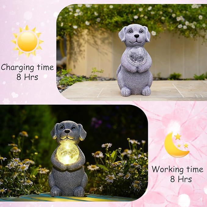 Dog Garden Statues - 8.4 Dog Decor with Gazing Ball LED Lights, Unique Gifts for Mom Grandma Birthdays, Outdoor Decor for Outside Lawn Porch Patio (Gray)