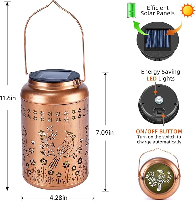 Cardinal Solar Lanterns Outdoor Waterproof Garden Decor,Birthday Gifts for Women Men Mom Grandma Cardinal Hanging Solar Lights Metal Bird Decorative Lantern for Yard, Patio, Lawn,Pathway, Landscape