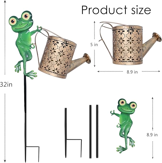 Solar Watering Can with Cascading Lights Outdoor Garden Decor, Frog Shaped Hook Gardening Gifts for Mom Women Grandma Birthday, Solar Lights for Garden Decorations Patio Yard Lawn Backyard
