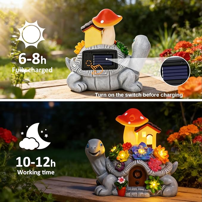 Solar Garden Outdoor Statues Turtle with 8 LED Lights, Shatter-Resistant Resin Tortoise Garden Ornaments for Yard, Patio, Lawn, Balcony, Home, Mom Birthday Gifts for Women Grandma