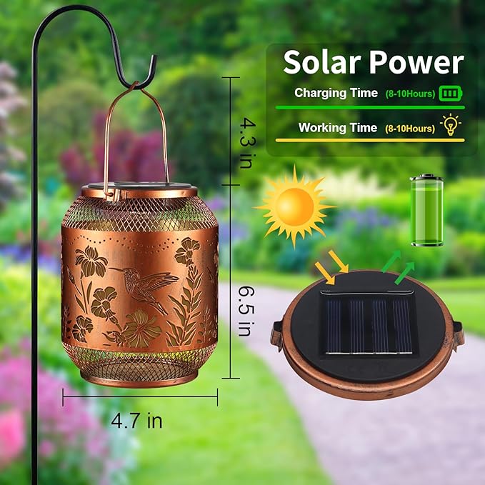 Hummingbird Solar Lanterns Outdoor Waterproof, Birthdays Gifts for Women Mom and Grandma, Metal Hanging Lanterns Decor Garden Decorative Solar LED Light for Yard, Patio, Lawn, Porch, Backyard