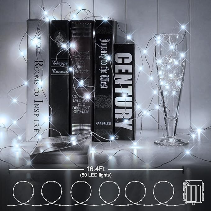 4 Pack Fairy Lights Battery Operated, 16.4 Ft 50 LED Starry Fairy Lights with Auto Timer Dark Green Copper Wire Twinkle Lights IP65 Waterproof for Wedding Bedroom Christmas (Cool White)