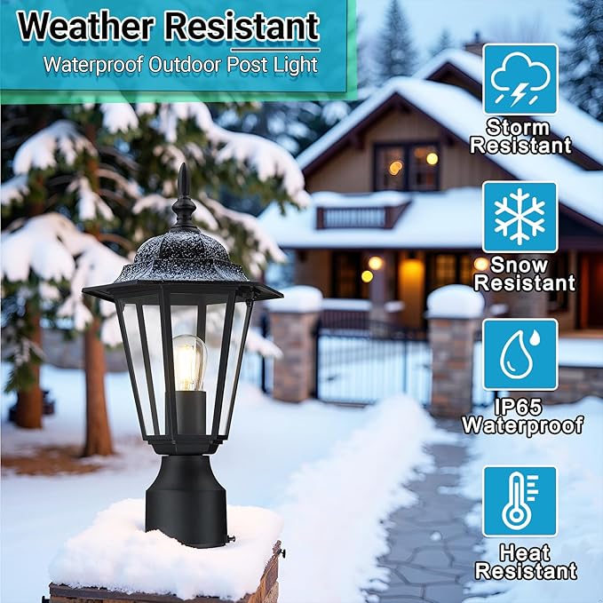 GRUENLICH Outdoor Post Light, Black Waterproof Lamp Post Lights Fxiture, Aluminum Pole Lantern for Outside Yard Pathway Garden, 1 Pack