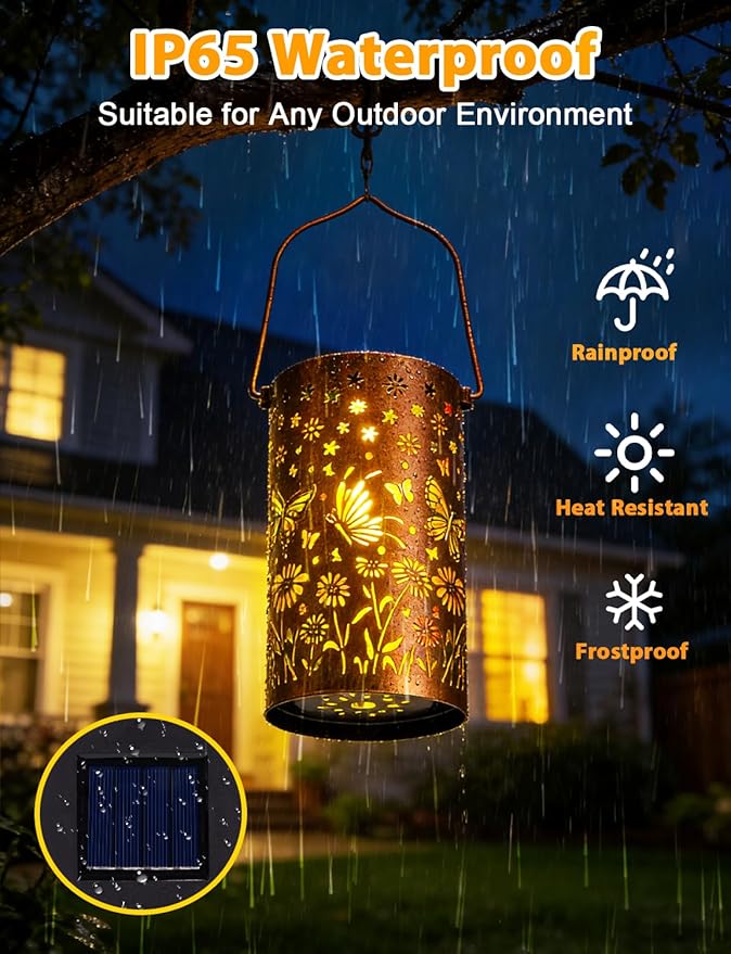 Sunflower Solar Lanterns Outdoor Waterproof, Metal Lantern Garden Lights with Color Projection, Garden Decor Gifts for Mom Women Mother Grandma, Hanging Solar Lights for Yard Porch Patio (Butterfly)