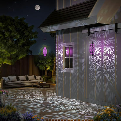 Twinkya 2 Pack Hanging Solar Lights Outdoor Garden Decorative Solar Lantern Waterproof Metal Moroccan Outdoor Decorations for Patio Pathway Yard Porch Backyard Garden Decor (Purple, 2 Pack)