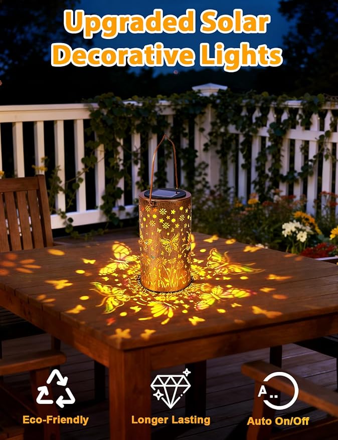 Sunflower Solar Lanterns Outdoor Waterproof, Metal Lantern Garden Lights with Color Projection, Garden Decor Gifts for Mom Women Mother Grandma, Hanging Solar Lights for Yard Porch Patio (Butterfly)