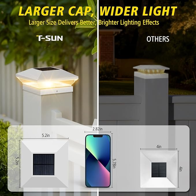 T-SUN Solar Post Cap Lights Outdoor 6 Pack, 2 Modes LED Fence Post Solar Lights Fit for 4x4 5x5 6x6 Vinyl/Wooden Posts, Waterproof Deck Post Lights Solar Powered for Garden Patio Gate Porch