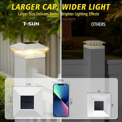 T-SUN Solar Post Cap Lights Outdoor 6 Pack, 2 Modes LED Fence Post Solar Lights Fit for 4x4 5x5 6x6 Vinyl/Wooden Posts, Waterproof Deck Post Lights Solar Powered for Garden Patio Gate Porch