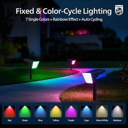 Philips 2 Packs Solar RGBW Spot Lights Outdoor, 18 LED Solar Powered Landscape Lights, 9 Lighting Modes Color-Changing Dusk to Dawn Waterproof Pathway Spotlights for Garden Trees Halloween Christmas