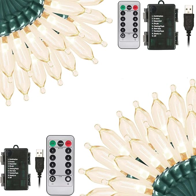 Tcamp 2 Pack Christmas Lights Battery Operated with Remote Memory Timer (Total 66ft 200LED), 8 Modes Battery String Lights for Christmas Tree Wreath Bedroom Outdoor Indoor Decor- Warm White