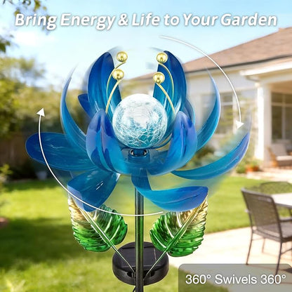 Solar Garden Lights Metal Flower Decor, Colorful Lotus Pathway Spinning Windmill with LED Cracked Crystal Ball Outdoor Decorative Stake Lighting Waterproof Flower Sculpture for Patio Yard