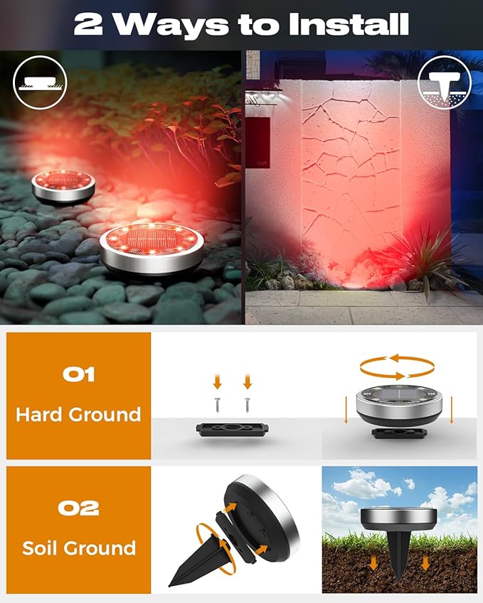 btfarm 16 Pack Solar Lights Outdoor, 8 LED Solar Ground Lights IP65 Waterproof Flat Solar Disc Light, Pathway Lights for Garden Lawn Patio Yard Path Landscape, Red