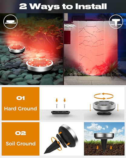 btfarm 16 Pack Solar Lights Outdoor, 8 LED Solar Ground Lights IP65 Waterproof Flat Solar Disc Light, Pathway Lights for Garden Lawn Patio Yard Path Landscape, Red
