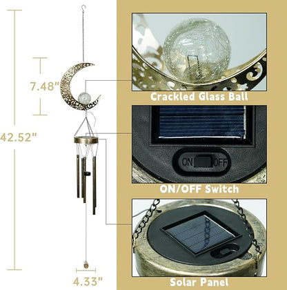 Ferrisland Solar Wind Chimes for Outside Clearance, Moon Windchimes Outdoors for Porch Patio with Crackle Glass Ball LED Light, Waterproof Metal Outdoor Hanging Decor for Women Wife Mom Grandma
