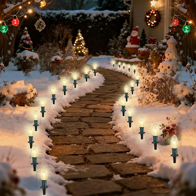Christmas Pathway Lights Outdoor, 38Ft Outdoor Xmas Decorations String Lights with 25 C9 Warm White Christmas Pathway Stakes Lights for Walkway Yard Lawn Sidewalk Driveway Garden