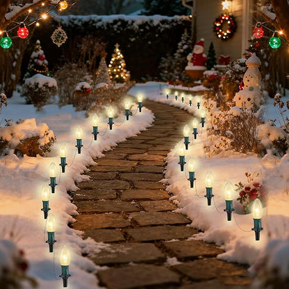 Christmas Pathway Lights Outdoor, 38Ft Outdoor Xmas Decorations String Lights with 25 C9 Warm White Christmas Pathway Stakes Lights for Walkway Yard Lawn Sidewalk Driveway Garden