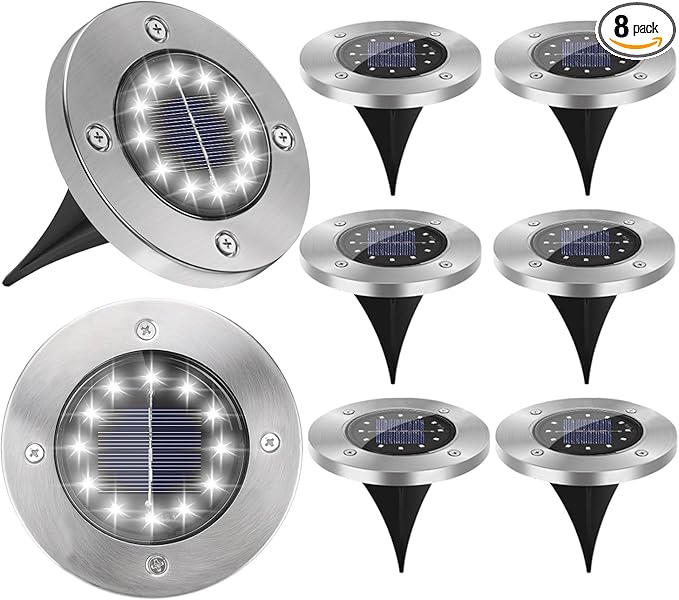 8-Pack Solar Ground Disk Lights, Waterproof LED