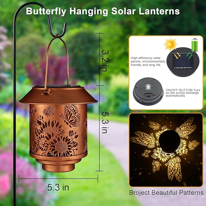 Solar Lantern Outdoor Hanging Sunflower Lights Gifts for Women Mom Metal Garden Decor Outside Waterproof LED Lanterns for Patio(Butterfly)