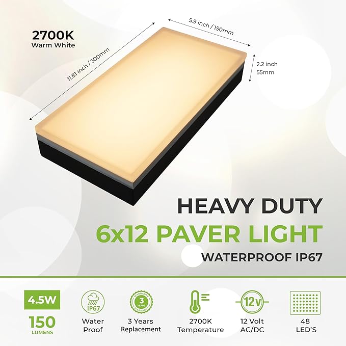 LUMENGY Paver Light 6x12 Inch (5.9x11.81), 2700K Warm White, Glare-Free Brick Lighting for Driveways, Walkways, Pool Decks and Patios, 12V Hardwired, IP67 Waterproof, Drive-Over Rated