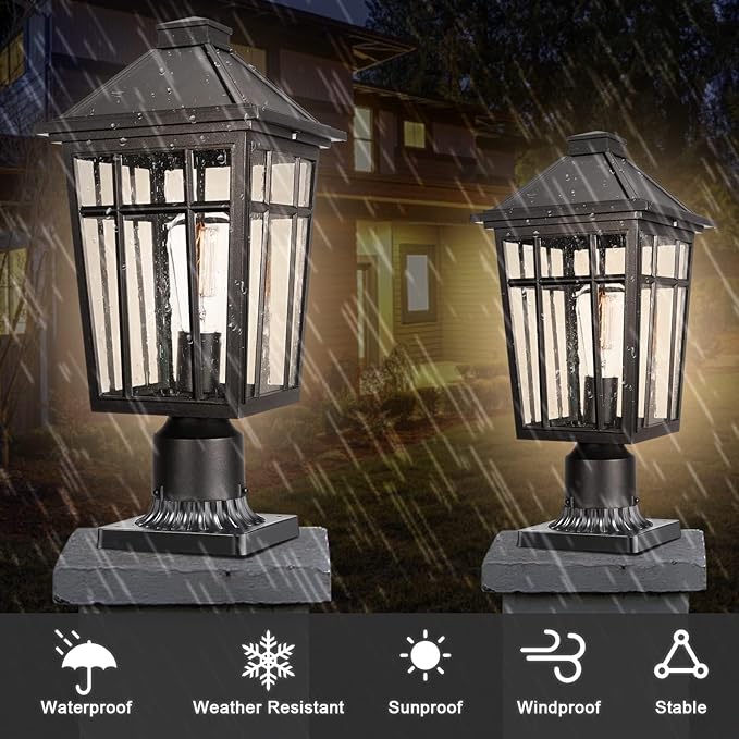 Darkaway 2pcs Large Outdoor Post Lights Lamp, 17inch Waterproof Aluminum Post Lamp with Glass, Fence Post Deck Lighting for Patio Pathway
