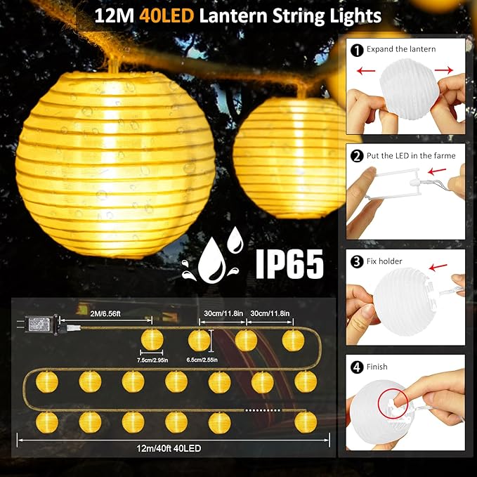 Lantern String Lights Plug in- 40ft 40LED 2700K Warm White Mini Lantern Lights Waterproof, Hanging Hemp Rope String Lights Indoor Outdoor with Remote, Timer for Porch Fence Balcony