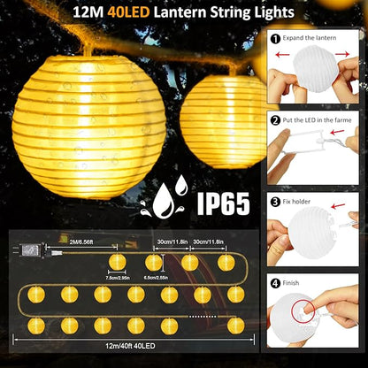 Lantern String Lights Plug in- 40ft 40LED 2700K Warm White Mini Lantern Lights Waterproof, Hanging Hemp Rope String Lights Indoor Outdoor with Remote, Timer for Porch Fence Balcony