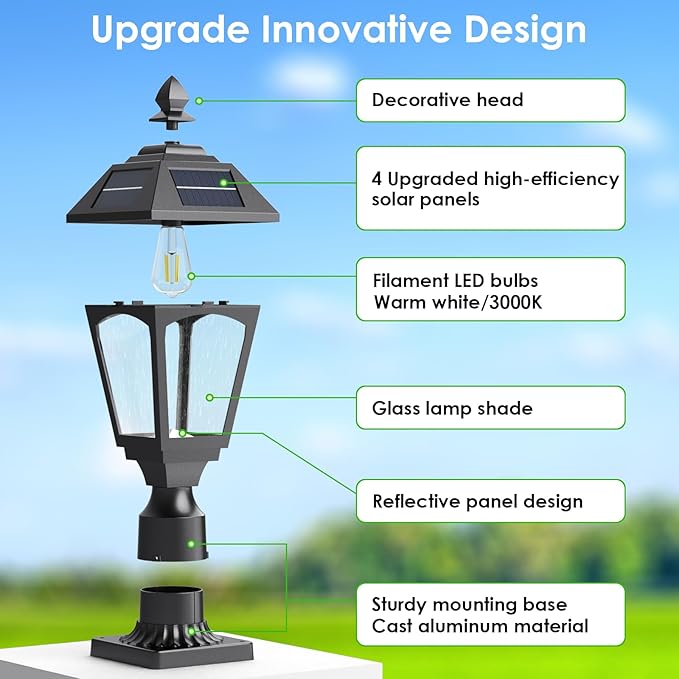 Solar Post Lights Outdoor, Aluminium Solar Lamp Post Light with Pier Mount Base, Outside Decor for Yard Garden Pole Pillar, 100 Lumens (Warm White) ﻿