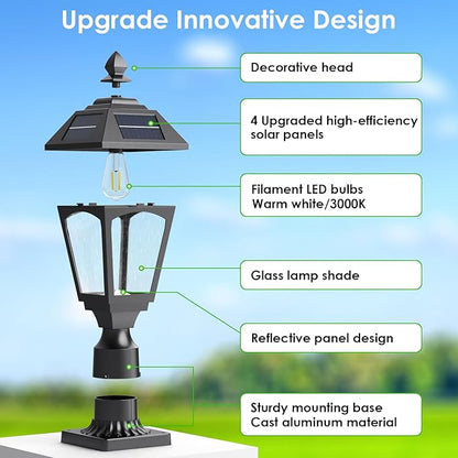 Solar Post Lights Outdoor, Aluminium Solar Lamp Post Light with Pier Mount Base, Outside Decor for Yard Garden Pole Pillar, 100 Lumens (Warm White) ﻿