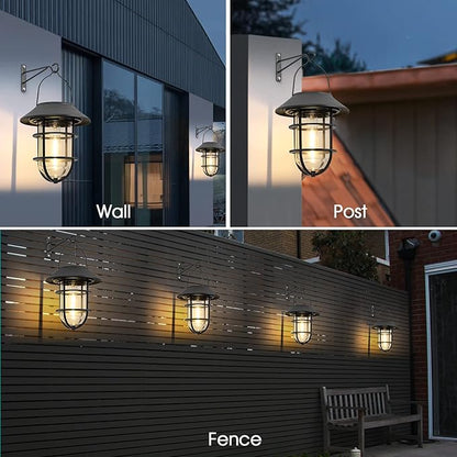 Upgrade Solar Outdoor Lights, Hanging Lantern, Waterproof Solar Lights with Wall Mount Kit for Garden Patio Porch Fence Decor 2 Pack