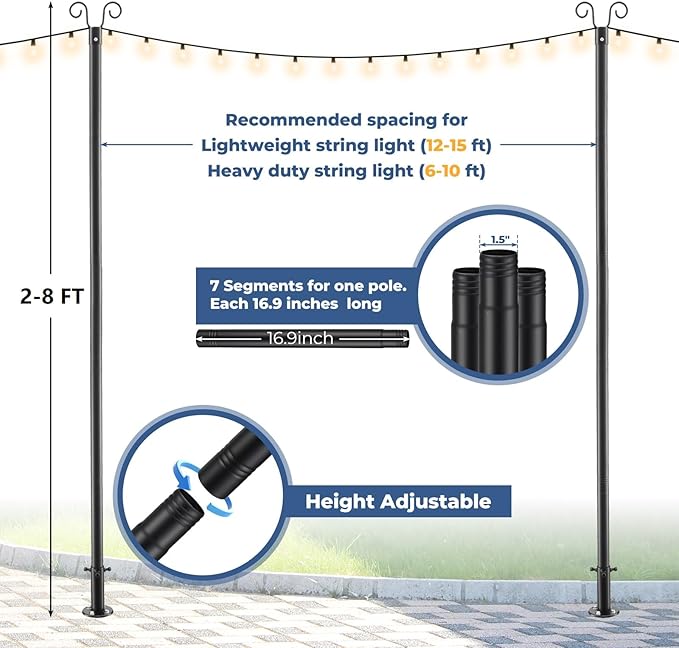 Adjustable String Light Pole 8 FT, 1 Pack Heavy Duty 38mm Rustproof Metal Mounting Pole for Deck, Fence, Patio - Dual Installation Garden Light Holder