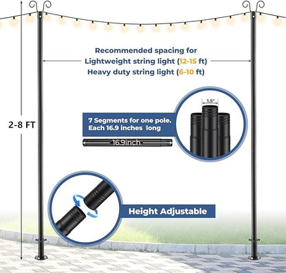 Adjustable String Light Pole 8 FT, 1 Pack Heavy Duty 38mm Rustproof Metal Mounting Pole for Deck, Fence, Patio - Dual Installation Garden Light Holder