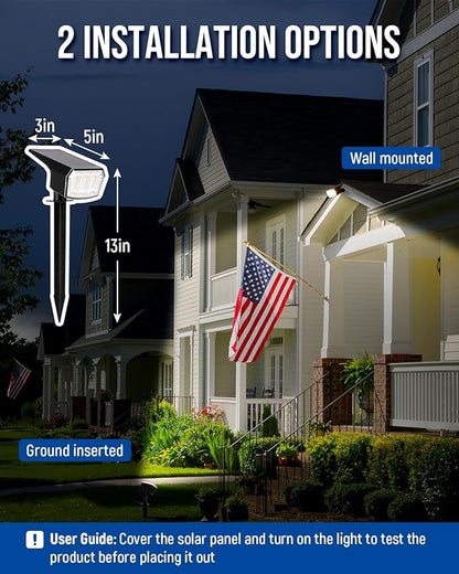 Solar spotlights Outdoor 63 LED 3 Lighting Modes, IP65 Waterproof Lighten Yard Garden House Garage Pathway for Christmas Decorations-2 Pack