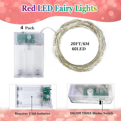 4 Pack Red and White Christmas String Lights, Each 20FT 60 LED Fairy Lights Battery Operated with Timer, Waterproof Twinkle Lights for Outdoor and Indoor Bedroom Home Yard Patio Christmas Decorations