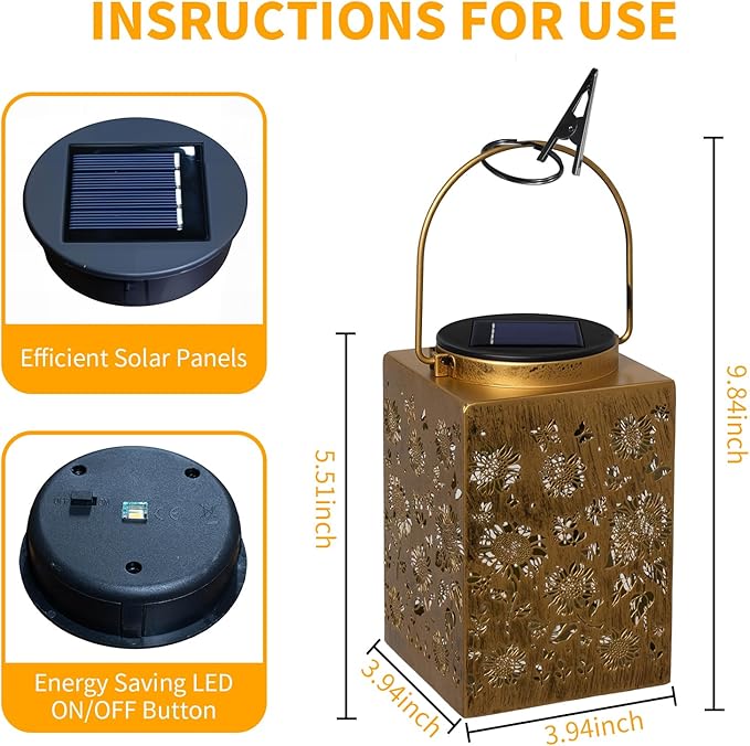 2 Pack Solar Lanterns - Waterproof Metal Hanging Solar Lights Outdoor Decorative, Solar Powered LED Lamp for Patio Tabletop Porch Deck Yard Garden Decor for Outside (Sunflower)