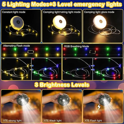 Camping String Lights, Rechargeable Tent Lights String with 8 Lighting Modes, Camping Essentials Gear 32.8FT Lamp Light, Rechargeable Waterproof LED Light for Tent Yard Garden Hiking Decor 2 Pack