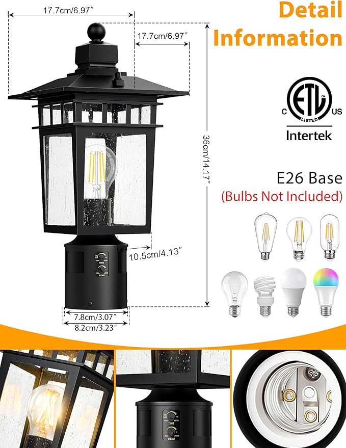 360° Motion Sensor Outdoor Post Lights, 4 Lighting Modes Lamp Post Light Fixture Dusk to Dawn, Waterproof Aluminum Black Pole Light Post Outdoor Lighting for Outside Garden Fence Yard,Hard Wired