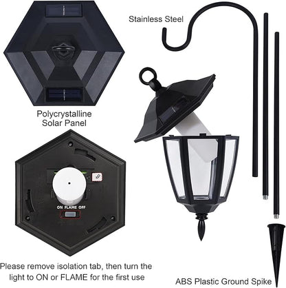 Dynaming 6 Pack Solar Flame Hanging Lights Outdoor, Halloween Solar Flickering Flame LED Garden Lanterns with 6 x 38 Inch Shepherd Hooks, Christmas Lighting for Lawn Patio Yard Pathway Driveway