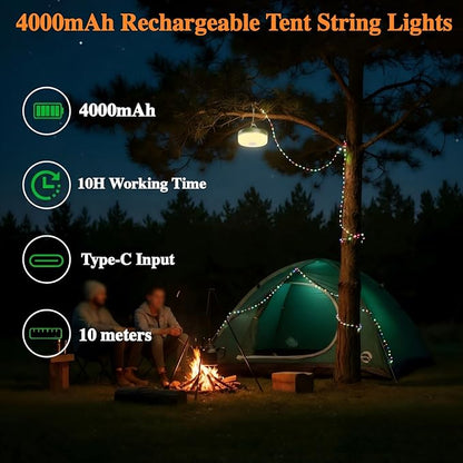 Camping String Lights, 4000mAh Rechargeable Tent Lights with 13 Lighting Modes, 32.8ft Retractable Waterproof Camp Light, Outdoor Portable Lights for Tent, Travel, Garden Decoration