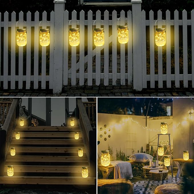 SmilingTown Solar Mason Jar Lights 10 Pack 20 LED Waterproof Outdoor Fairy Firefly String Light Lids with 10 Hangers Rust Resist for Patio Lawn Garden Wedding Lantern Decor No Jars (Warm White)