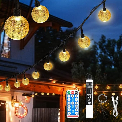 SMY Lighting 22FT Rechargeable Battery Operated 50 LED Crystal Globe String Lights Outdoor/Indoor, Patio Hanging Lights with Remote Timer,Waterproof 8 Lighting Modes for Camping Garden Christmas Decor