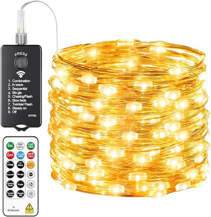HXWEIYE Rechargeable Fairy Lights with Remote, 66ft 200 LED Twinkle Lights with DIY Timer & Light Sensor, Waterproof Outdoor String Lights for Bedroom Patio Christmas Tree Decor, Warm White