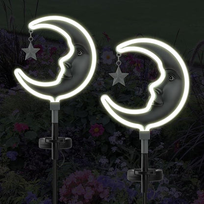 2pack Solar Moon Stars Lights Outdoor,Moom Solar Garden Lights Decor, Garden Outdoor Decorative,Solar Powered neon Lights for Pathway,Housewarming Ornament for Yard,Lawn,Patio(Silver)