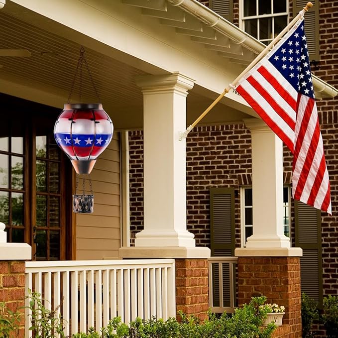 DREAMSOUL Flag Solar Hot Air Balloon Lantern with Flame, Hanging Solar Lanterns Outdoor Waterproof Glass Lantern Flag Day for Patio Decor, Fourth of July Decorations