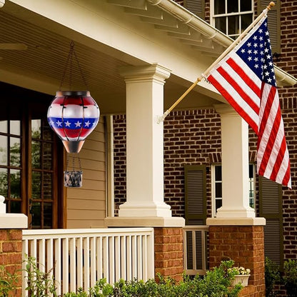 DREAMSOUL Flag Solar Hot Air Balloon Lantern with Flame, Hanging Solar Lanterns Outdoor Waterproof Glass Lantern Flag Day for Patio Decor, Fourth of July Decorations