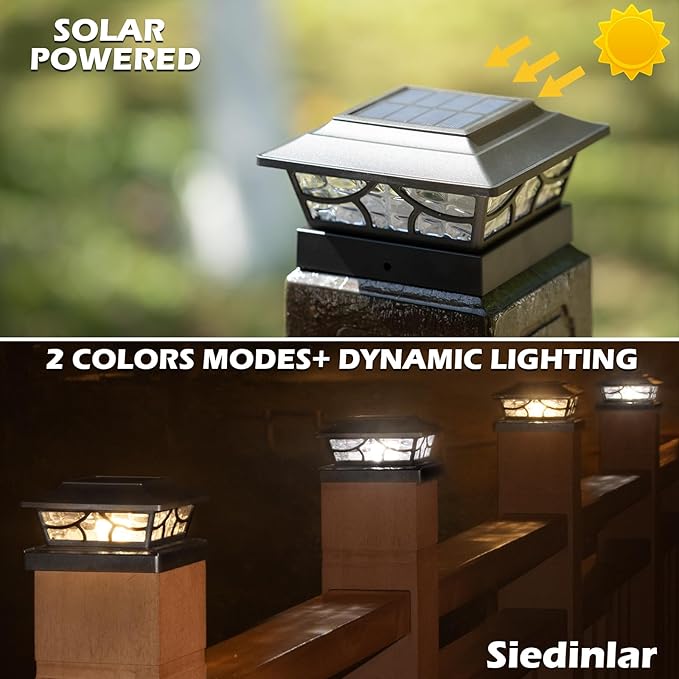 SIEDiNLAR Solar Post Cap Lights Outdoor 4 Modes Deck Fence Post Light for 4x4 5x5 6x6 Wooden Vinyl Posts Patio Garden Decor, Warm White & Cool White Dynamic Lighting Black (4 Pack)