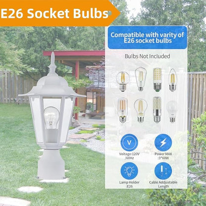 WISBEAM 2 Packs Outdoor Post Light, Pole Lantern, E26 Base 60W Max, Aluminum Housing Plus Glass, Wet Location Rated, ETL Qualified, Bulbs not Included, White
