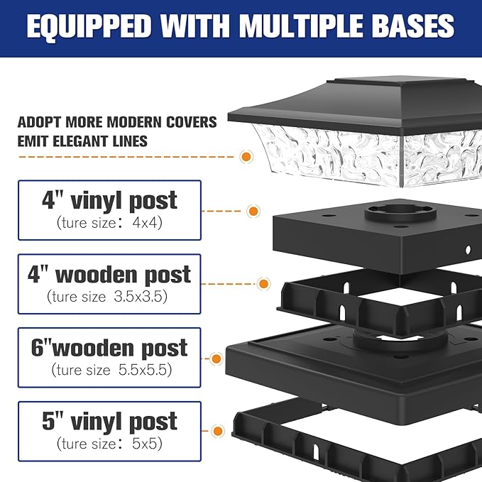 VOLISUN Solar Post Cap Lights Outdoor 4x4/6x6 Wooden/Vinyl Fence Cap Lights for Patio/Garden,Warm White with 2 Lighting Modes Waterproof,ABS Shell Lens Black (12 Pack)